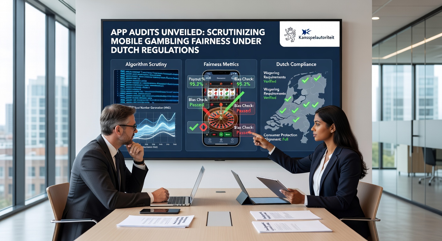 Illustratie van een auditor die een mobiele gokapp test op een tablet, met grafieken en certificaat-symbolen