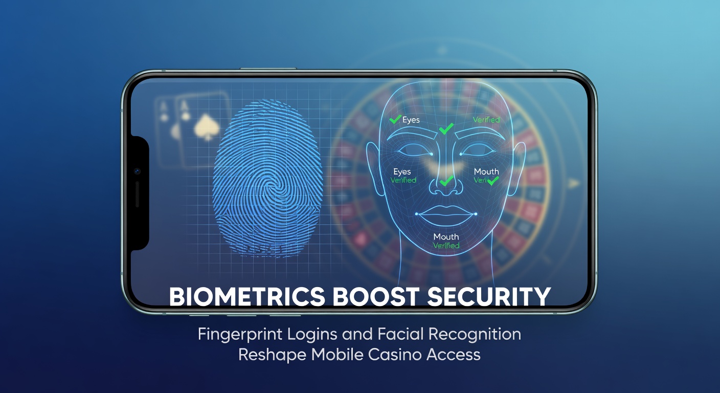 Smartphone met vingerafdrukscanner en gezichtsherkenning in een mobiel casino-app, symboliserend veilige toegang