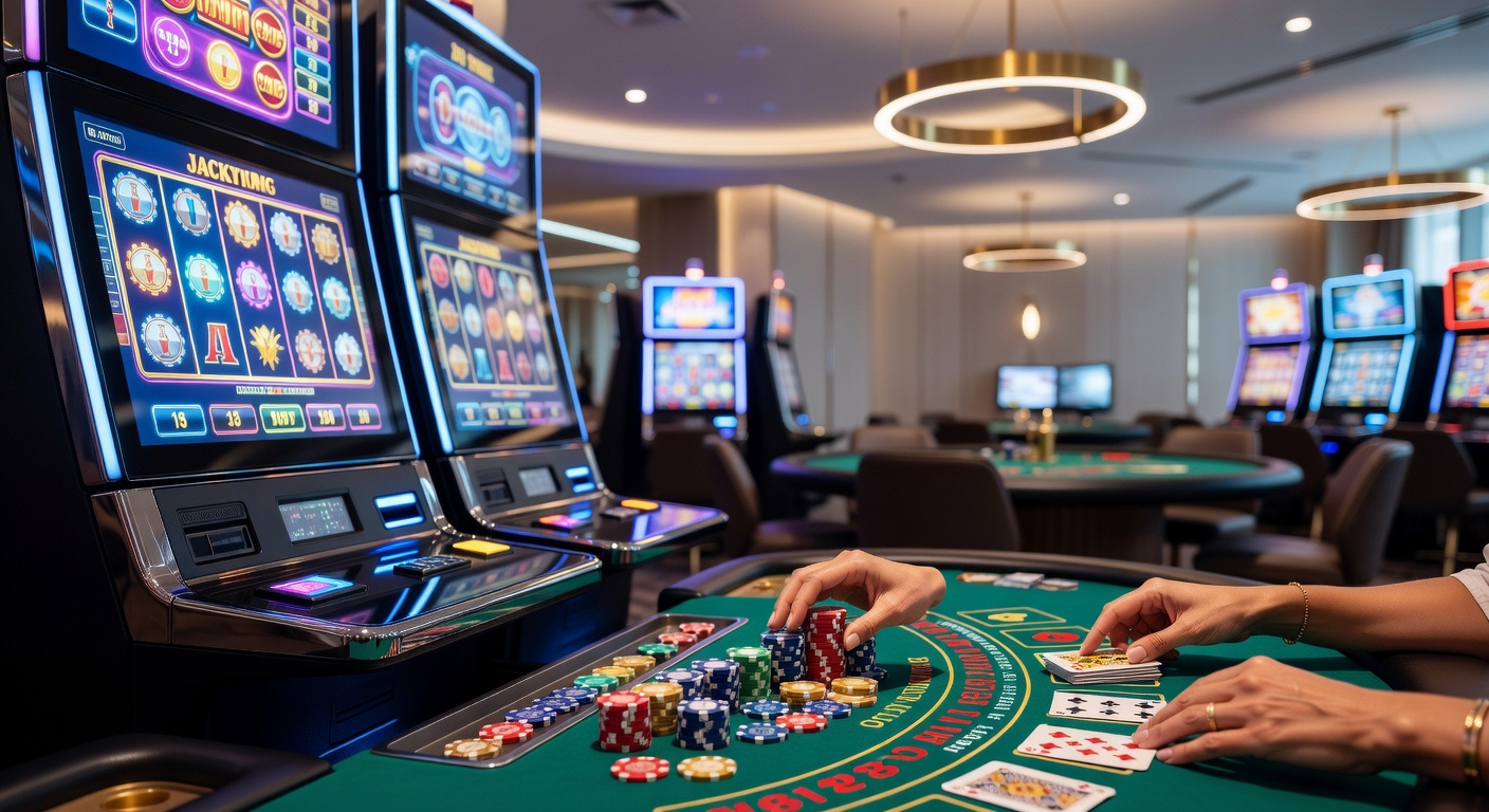 Uitzicht op een bruisende casinotafel met roulettewiel en fiches, symbool voor de spanning van klassieke casino spellen