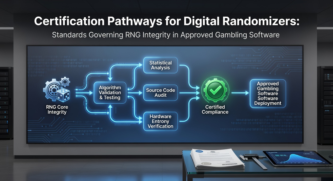 Diagram dat de certificeringstrajecten voor RNG-systemen in goksoftware illustreert met pijlen en testfasen