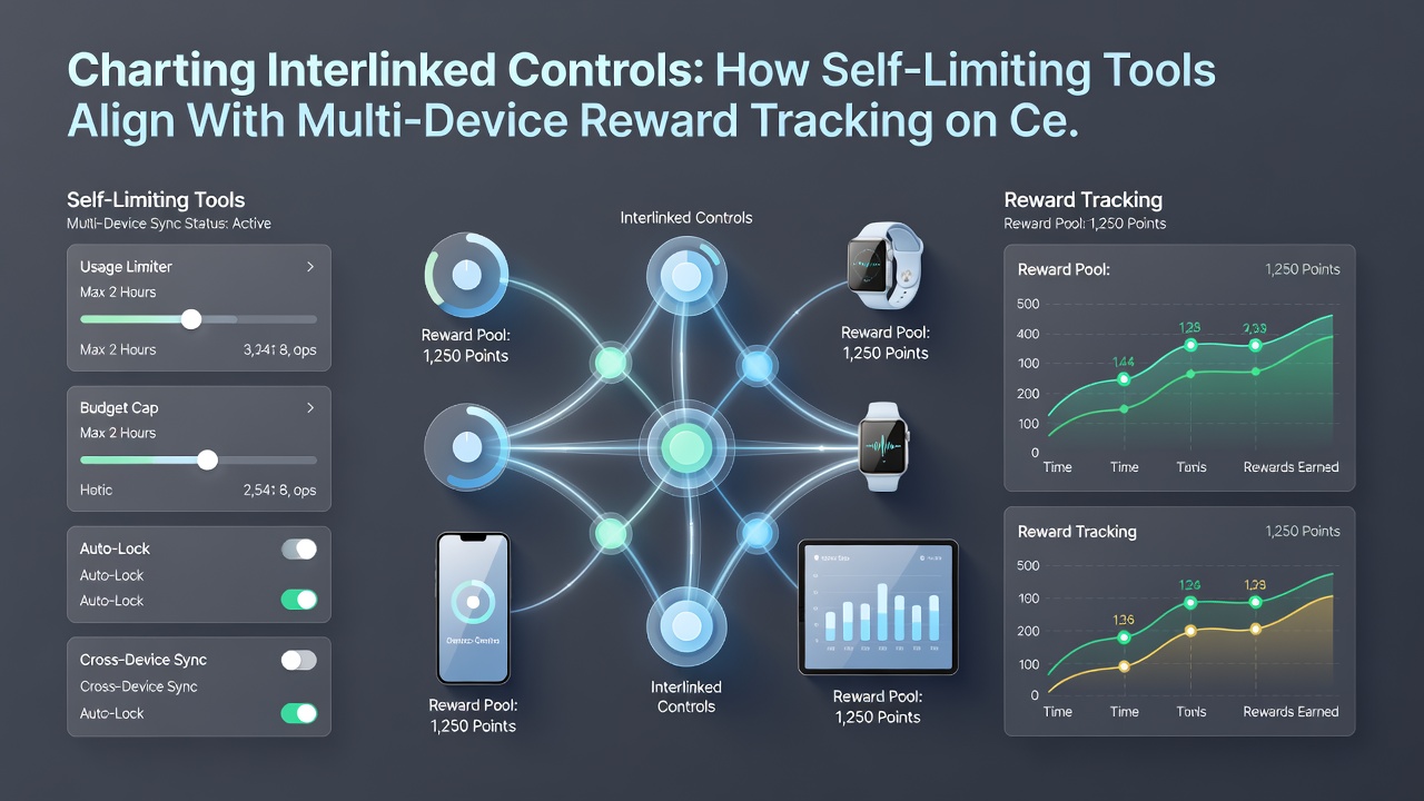Schermafbeelding van een dashboard met multi-device beloningsregistratie en zelflimiterende instellingen