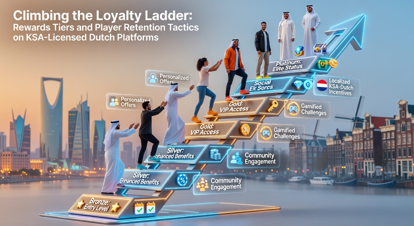 Grafische weergave van een loyaliteitsladder met opklimmende beloningsniveaus op een Nederlands online casino platform, inclusief iconen voor bonussen en VIP-voordelen