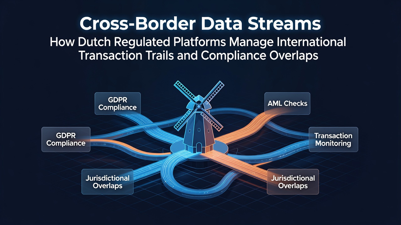 Illustratie van datastromen tussen Nederlandse platforms en internationale systemen met focus op transacties en compliance