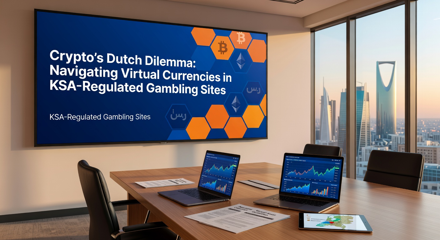 Afbeelding van een speler met cryptocurrency-wallet naast een KSA-gelicentieerd casino-interface, symboliserend het navigeren door regelgeving