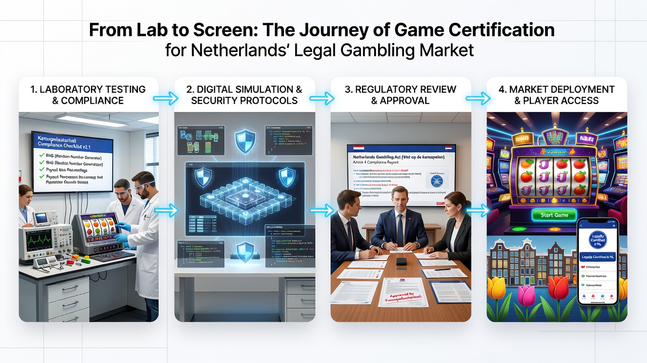 Digitale weergave van een gecertificeerd casinospel op een Nederlands platform met certificeringsbadges