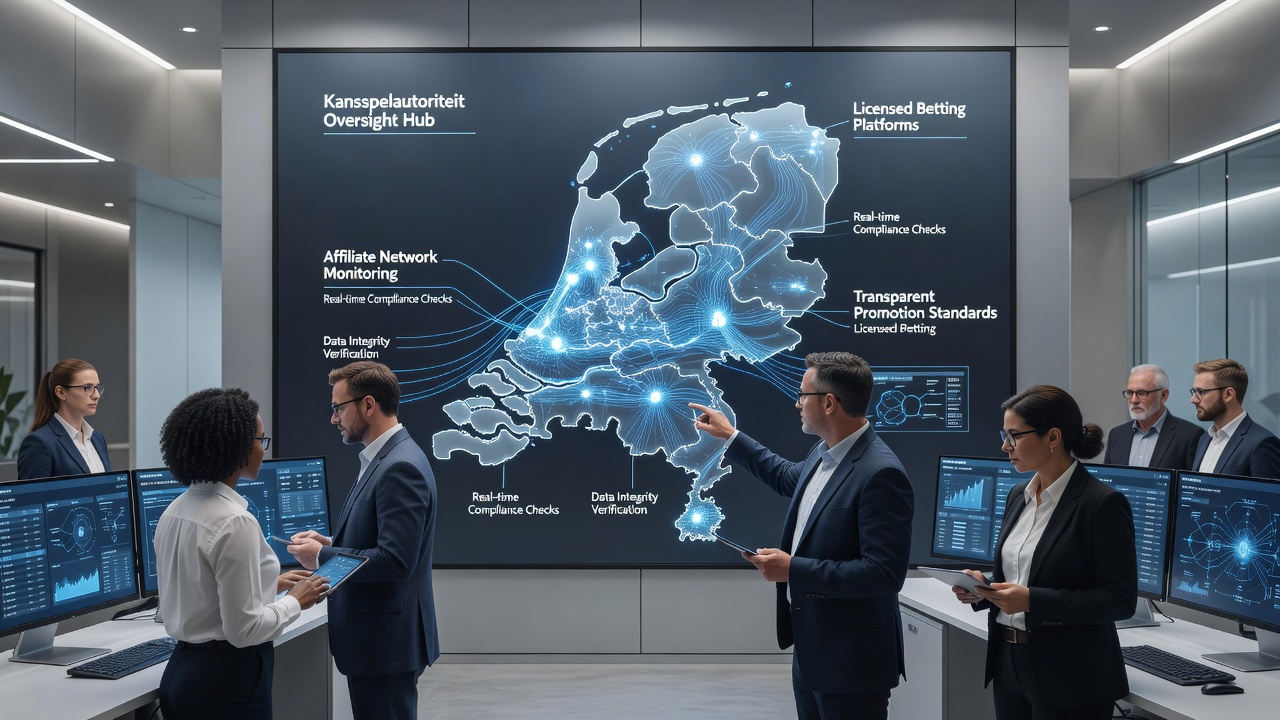 Kansspelautoriteit inspecteurs analyseren affiliate netwerk rapporten op een digitaal dashboard in een Nederlands kantoor