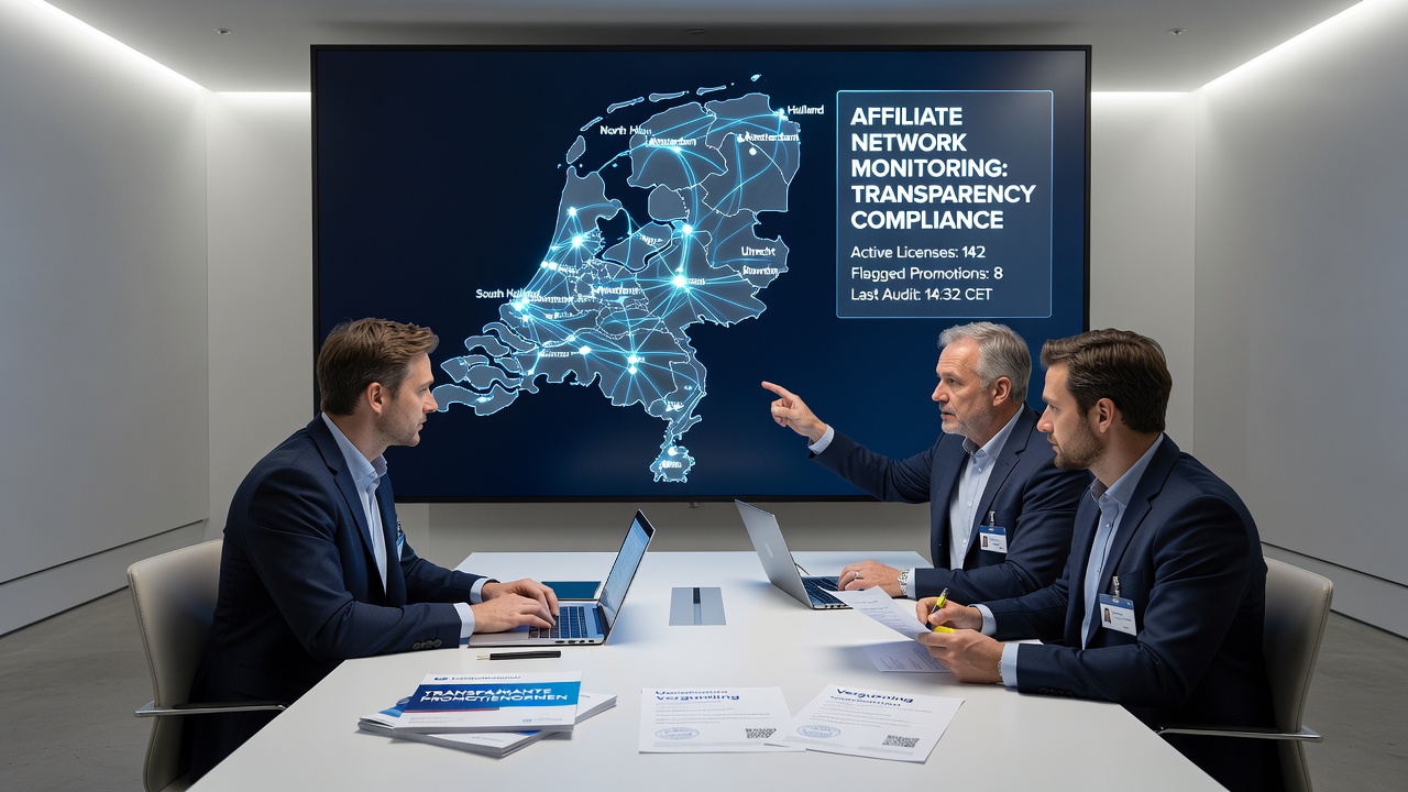 Analisten bekijken affiliate prestatiegrafieken tijdens een vergadering over naleving van Nederlandse gokregels