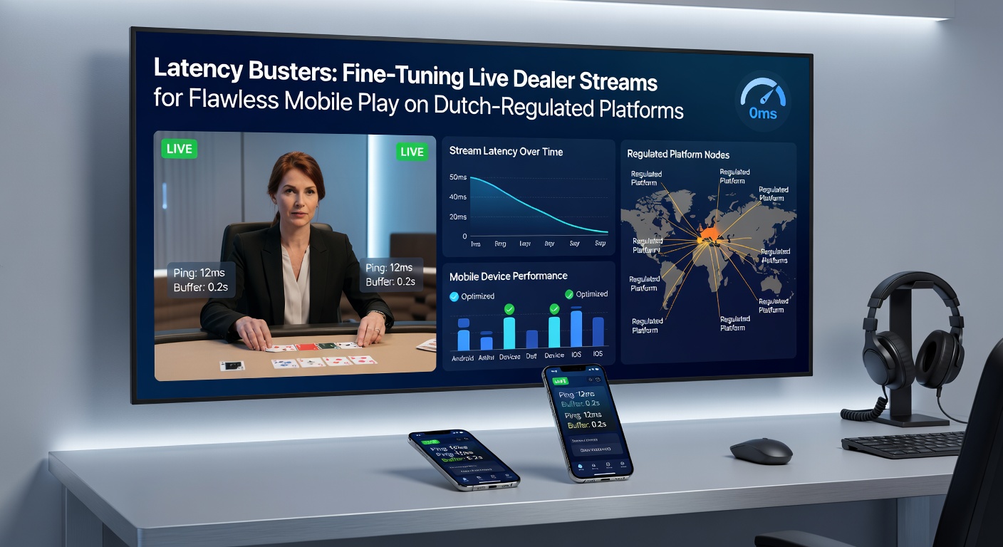 Mobiele interface van een live dealer blackjack spel met lage latency indicator en snelle interacties op een smartphone