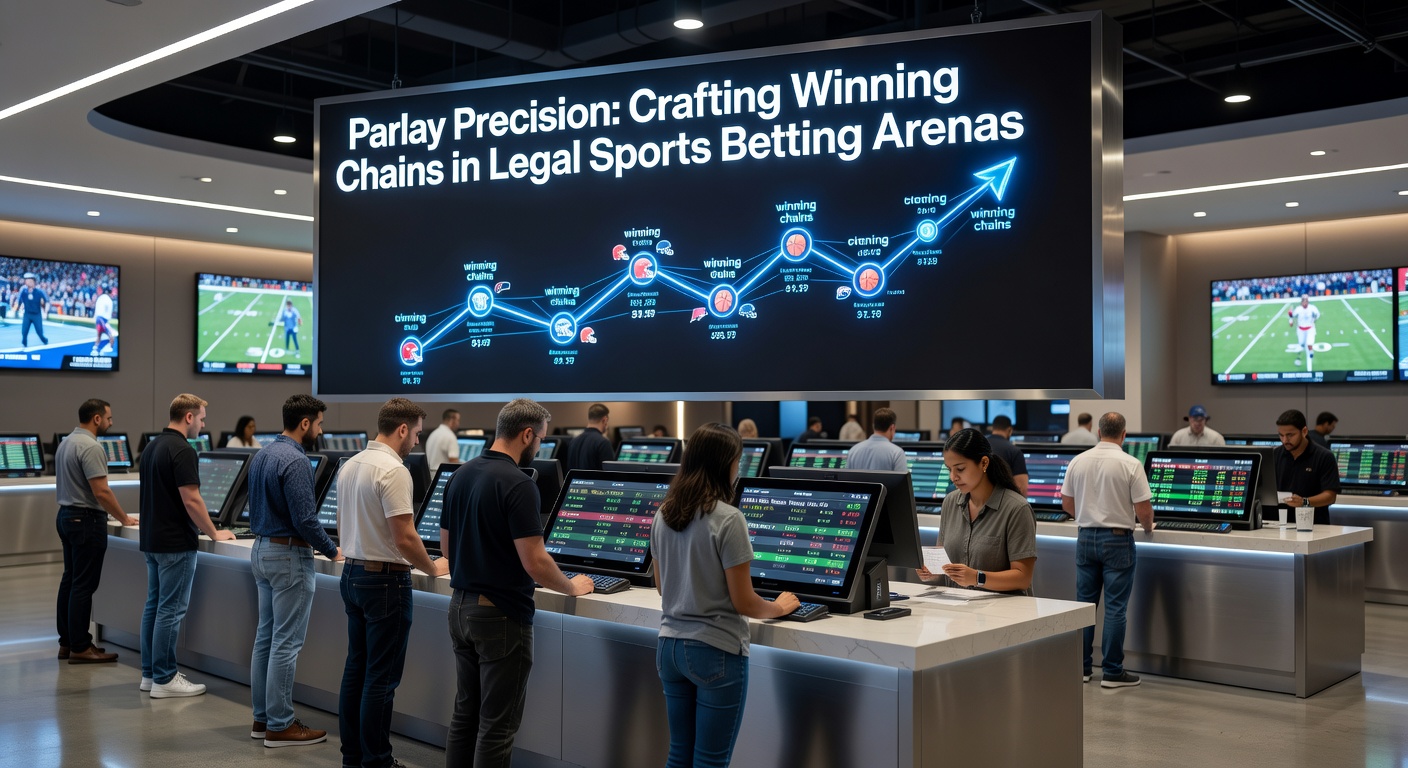 Grafische weergave van een parlay-ketting met sportweddenschappen die elkaar versterken op een digitaal scorebord