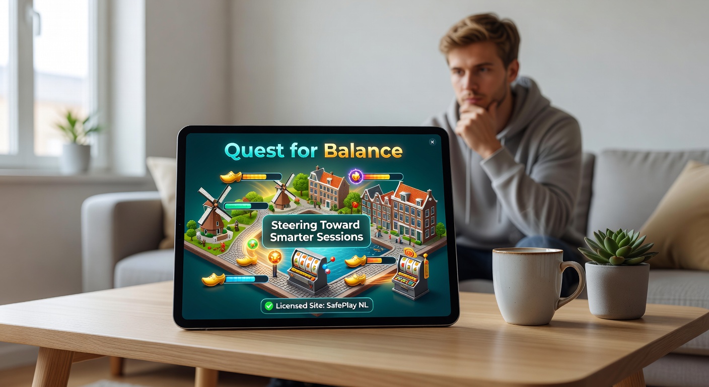 Voorbeeldscherm van een balans-quest op een Nederlands gelicenseerd casino, met levels, badges en een speler die een milestone bereikt