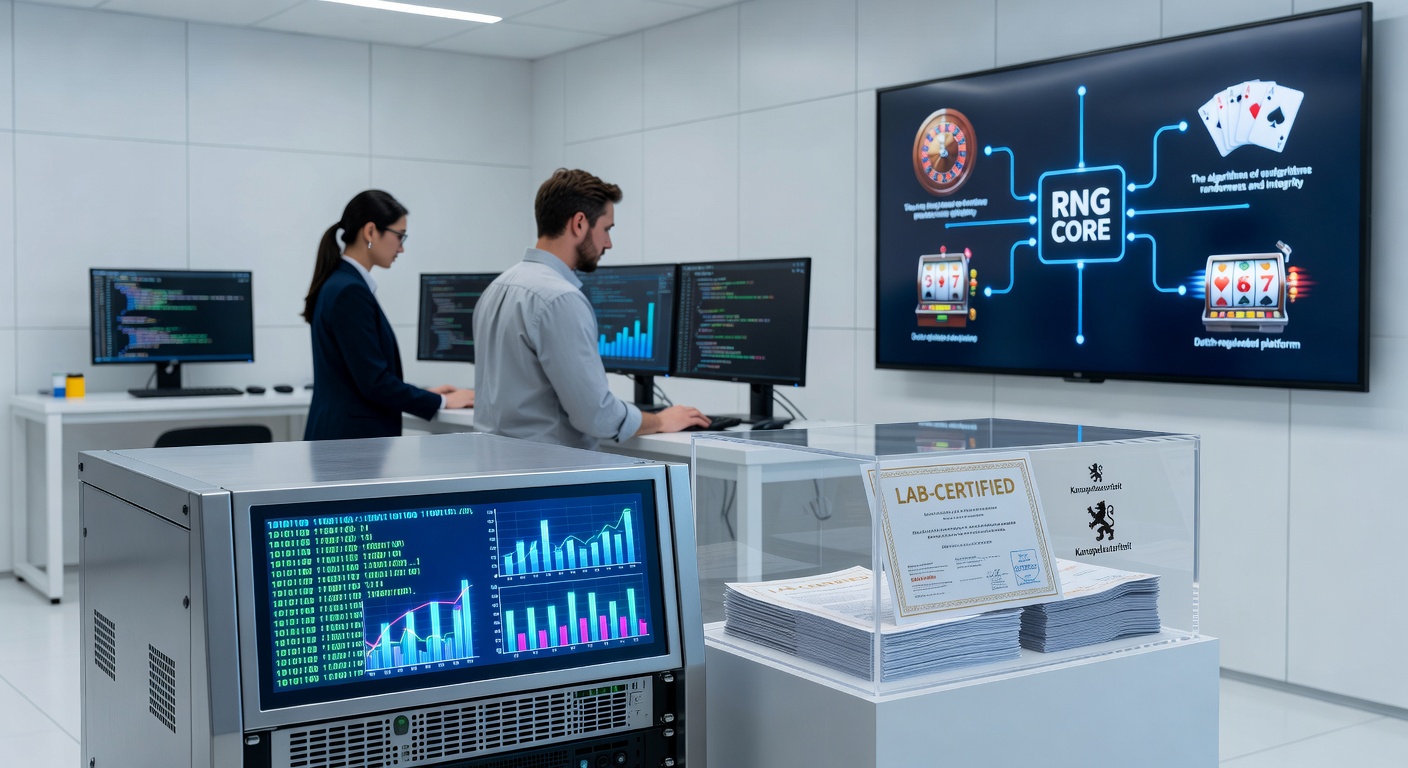 Grafische weergave van een RNG-algoritme in actie, met abstracte digitale golven en casino symbolen die willekeurigheid illustreren op Nederlandse platforms
