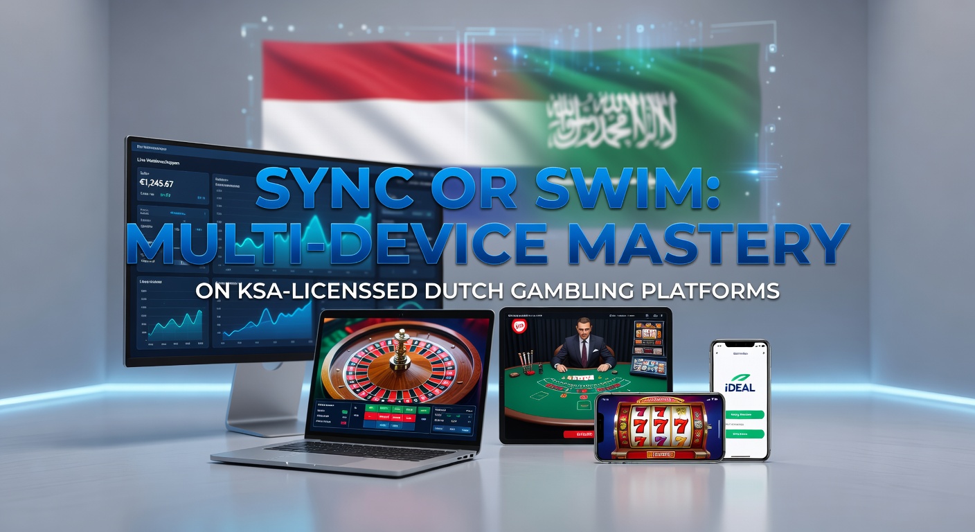 Meerdere apparaten zoals smartphone, tablet en laptop die naadloos synchroniseren op een Nederlands gokplatform, met dezelfde game en saldo zichtbaar