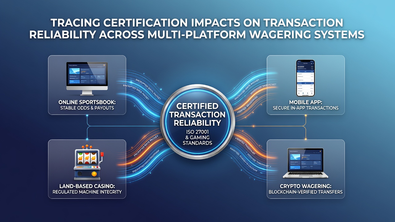 Diagram dat certificeringstracering en transactiestromen illustreert in multi-platform goksytemen