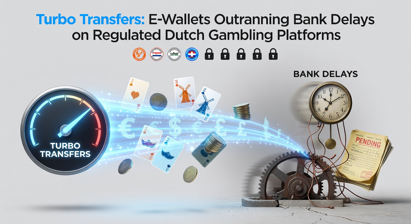 Grafiek die de snelheid van e-wallet transacties vergelijkt met traditionele bankoverschrijvingen op Nederlandse gokplatforms, met turbo-pijlen voor e-wallets